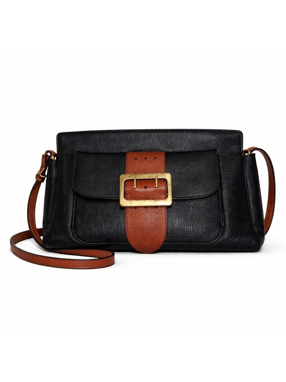 Burberry Vintage Black Leather Crossbody Bag with Brown Buckle Strap Designer